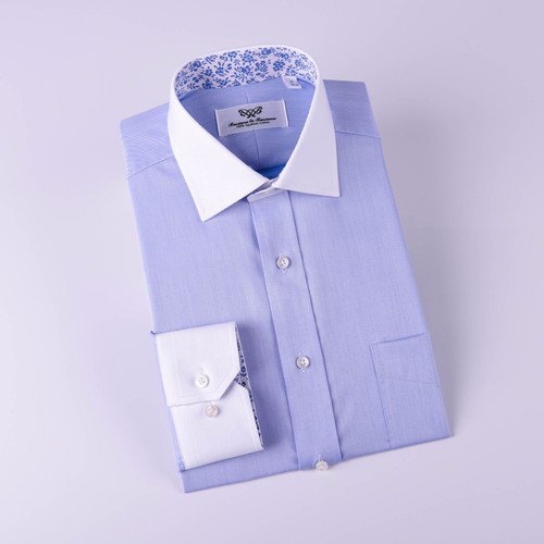 Camisa de vestir de negocios formal azul La Plata estilo puño único cuello extendido - Imagen 8 de 12