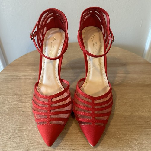 Anne Michelle Rise Up Vegan Suede Red Pointy Toe Mesh Ankle Strap Heels Size 9 - Picture 6 of 9