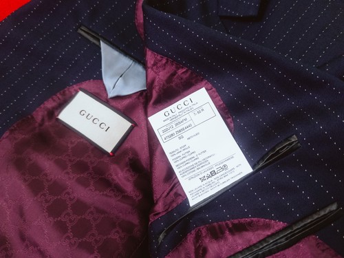 GUCCI Men Navy Blue 100% Wool Blazer Size 50 R / L Two Button Striped Jacket - Picture 16 of 19