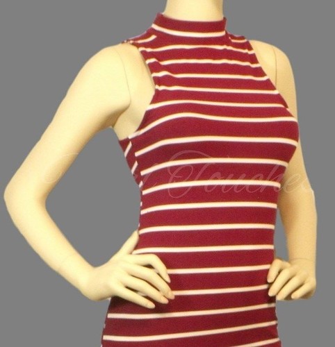 Burgundy white striped mock neck cut sleevless sexy dress - Picture 3 of 4