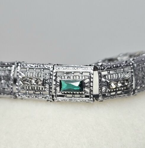 Bracciale Vintage Art Decò Finto Smeraldo e Diamanti 6" - Foto 9 di 15