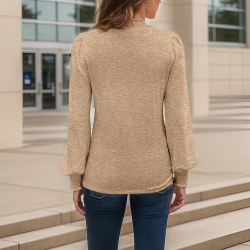 Womens Long Sleeve V Neck Puff Sleeve Top Shirt Keyhole Blouse NEW - Picture 9 of 14