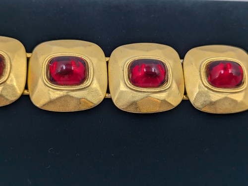 Vintage Designer Mid Century Bracelet Gold Tone & Faux Ruby Cabochons U395 - Picture 6 of 22