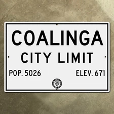 Coalinga California CDOH city limit boundary highway road sign marker 1951 15x10