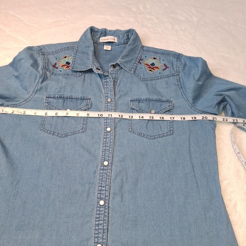 Coldwater Creek Western Denim Shirt Sz 12P Pearl Snap Button Embroidered Boho - Picture 12 of 16