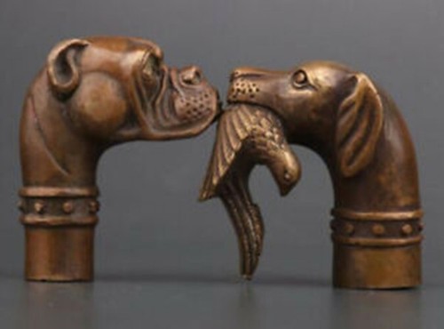 2 Bronze Statue Dogs Dog Preying Bird Cane Walking Stick Head Handle Accessories - Picture 6 of 6