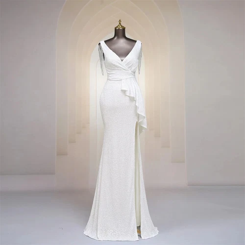 Evening Dress Tassel V Neck Ruffles High Split Women Sequin Long Prom Party Gown - Picture 22 of 30