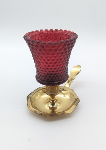 Vintage Red Hobnail Glass Votive Candle Holder in Brass Base with Handle 4.75" T - Picture 2 of 7