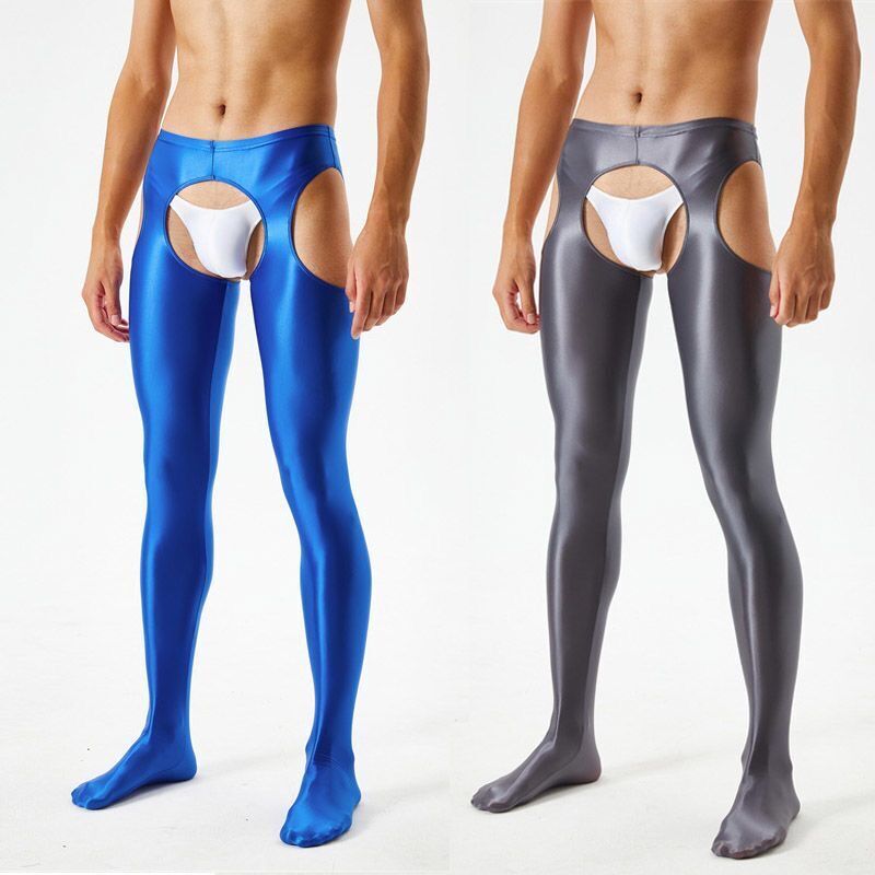 Women Men Satin Shiny Open Crotch Long Sheer Pants See