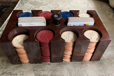 Vintage Poker Chips Caddy Carrier 8 Rows Red White Blue Chips 2 Decks