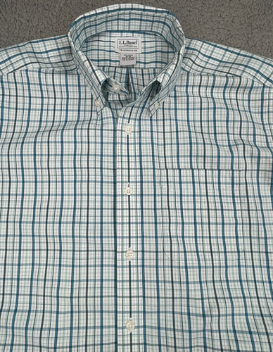 LL Bean Shirt Mens 16-33 White Blue Plaid Pattern Button Up Long Sleeve Cotton