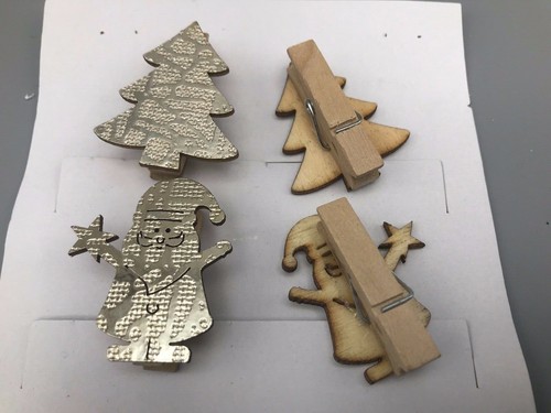 Christmas Xmas Card Hanging Santa & Tree Novelty Wooden Small Brown Pegs 6 Pack - Picture 10 of 12