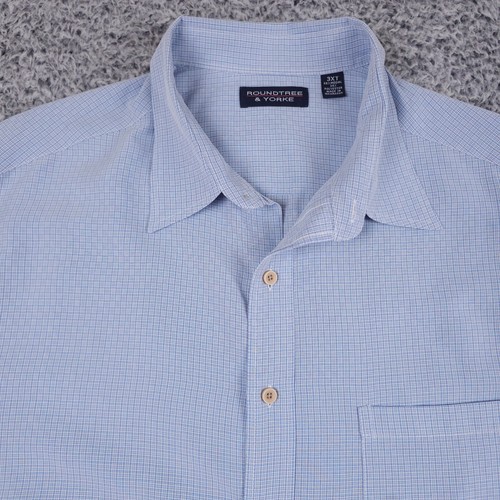 Roundtree Yorke Shirt Men 3XT Blue Plaid Preppy Basic Dad Button Up Short Sleeve
