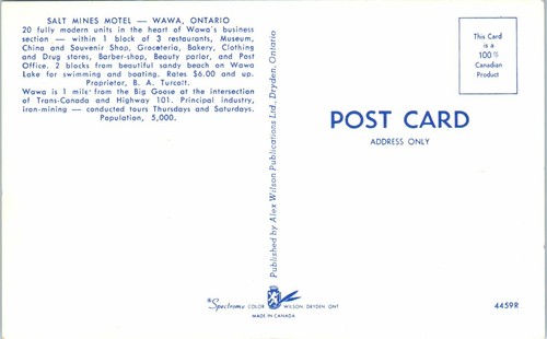 1960s Canada Postcard Salt Mines Motel Wawa Ontario B.A. Turcott List Businesses - Picture 2 of 2