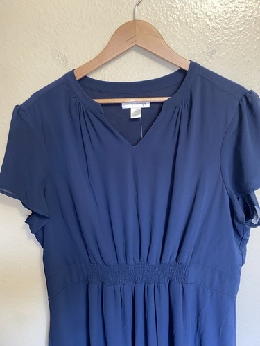 Christopher & Banks Drop Waist Dress XL Elastic Short Sleeve Lined Navy Blue - Picture 2 of 8