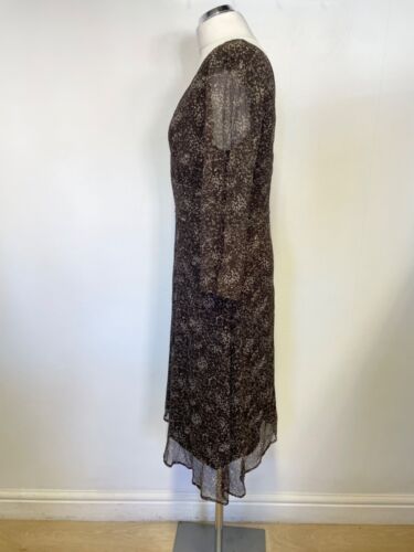 ESPRIT BROWN PRINT 100% SILK V NECK 3/4 SLEEVED TEA DRESS SIZE 16 - Picture 2 of 4