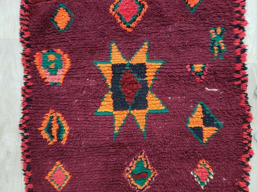 Old Moroccan Handmade Vintage Rug Azilal Wool Runner Berber Dark Red Cotton Rug - Picture 6 of 11