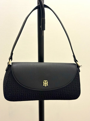 Tommy Hilfiger Women s Black Logo Jacquard Crescent Shoulder Bag Gold Hardware