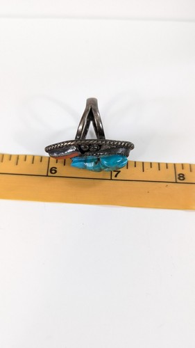 Frog Carved Turquoise And Coral Southwestern Vintage Ring Size 7.5 - Picture 17 of 17