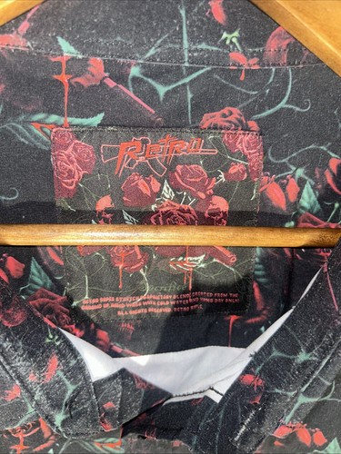 Retro Rifle Super Stretch Sacrifice Men’s 5XL Roses Skulls Short Sleeve Button U - Picture 2 of 10