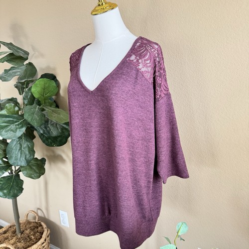NWT Torrid Purple Super Soft Plush Lace Knit Dolman Top Women’s 1X Romantic Boho - Picture 3 of 14