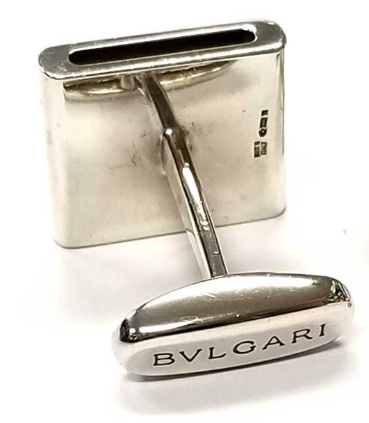小物 BVLGARI Bvlgari Silver 925 × Onyx Logoed Square Shape Cufflinks [VG