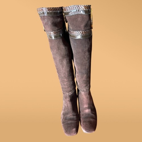 Tori Burch Gr. 7 braun gold Sabina Wildleder und Schlange hohe Reitstiefel mit Absatz - Bild 3 von 11