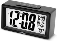 Sharp Alarm Clock with Indoor Temperature, Nightlight, Calendar - Black