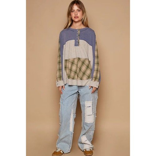 Camisa POL Henley Mujer Grande Azul Gris Cuadros Retazos Térmicos Manga Larga - Imagen 1 de 14