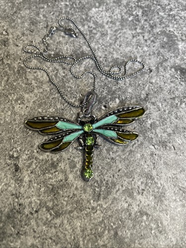 Green Dragonfly Silver Tone Rhinestone Pendant Necklace 18” Chain GAR4-13 - Picture 1 of 5
