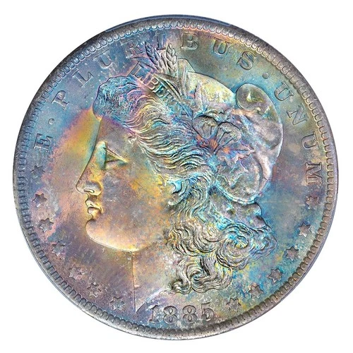 1885-O PCGS MS65 MORGAN $ MUTICOLOR VIBRANT RAINBOW TONING (VIDEO} **