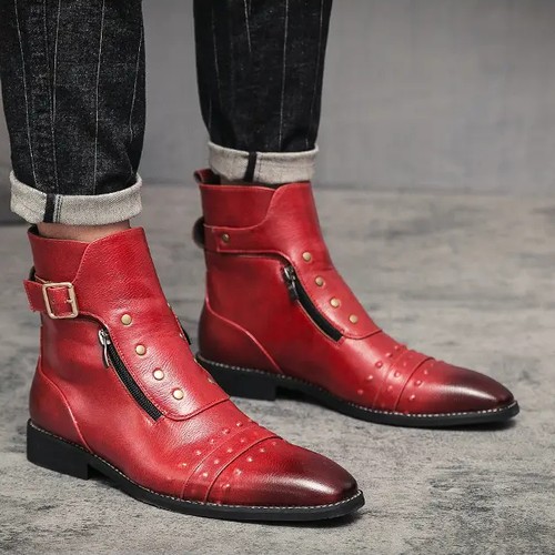 38-46 Plus Size Mens Buckle Rivets Ankle Boots Motorcycle PU Leather Western New - Picture 2 of 15
