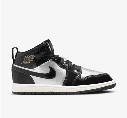 Taglia 1 anno Air Jordan Retro 1 Mid SE nero argento prescolare autentico nuovo