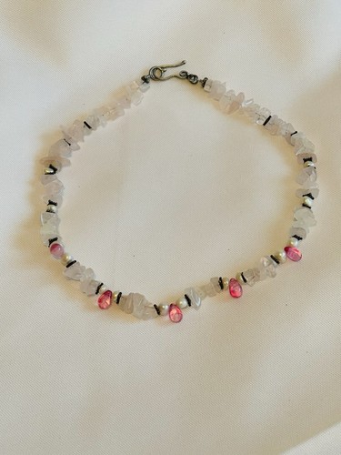 Collana Vintage Quarzo Rosa Chip Bead, Perla Acqua Dolce e Perline Oro 18 Pollici - Foto 2 di 4