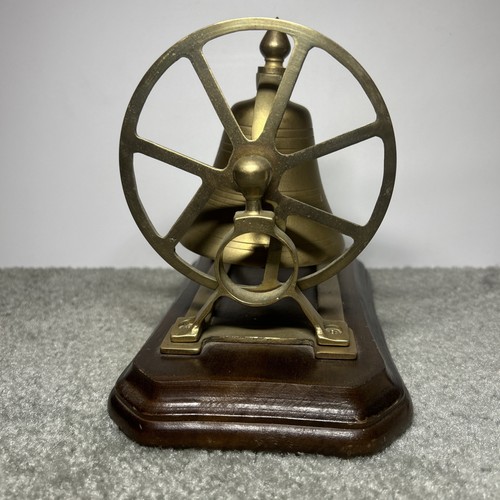 Vintage Solid Brass Desk Bell with a Pulley Wheel Ships Nautical Bell Wood Base - Picture 5 of 13