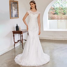 Round Neck Mermaid White Wedding Dresses Lace Applique Sleeveless Floor-Length