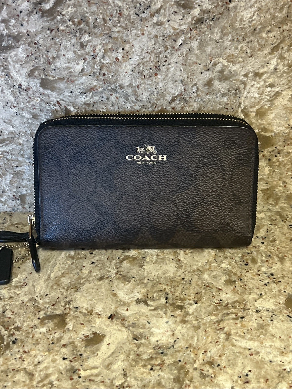 Coach Portafoglio Doppia Zip Firmato Rivestito Tela Nero e Marrone F53937