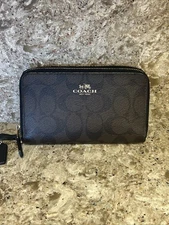 Coach Double Zip Wallet Signature Coated Canvas Black & Brown F53937