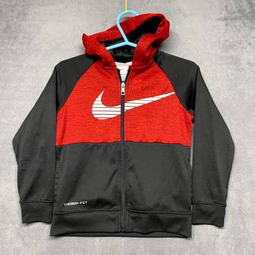 Nike Therma-Fit Hoodie Kid (6-7Y) L Black Red Logo Fleece Lined Full Zip Outdoor