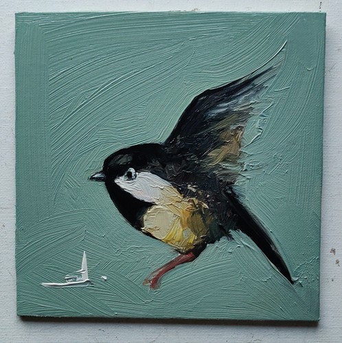 BLUE TIT OIL PAINTING VIVEK MANDALIA IMPRESSIONISM 8X8 COLLECTIBLE ORIGINAL - Picture 2 of 6