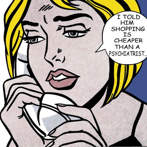 Lichtenstein Style Shopping Is Cheaper Than A Psychiatrist Canvas Print 17 x 17  - Picture 1 of 4