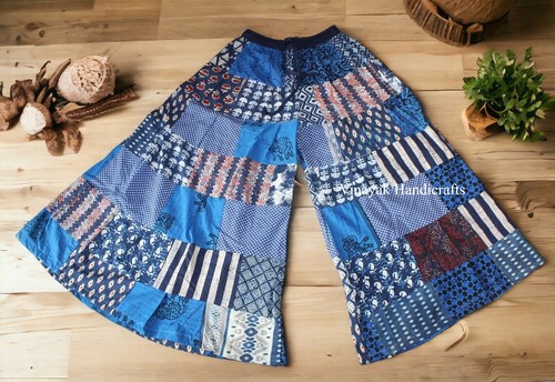 Indian Vintage Rayon Patchwork Wide Leg Hippie Boho Gypsy Palazzo Pants Trouser - Picture 9 of 11
