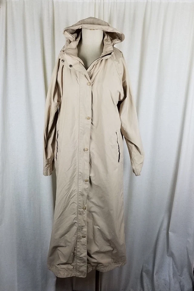 Maxi gabardina de lluvia LL Bean forrada de malla para todo clima con capucha para mujer PL caqui tostado