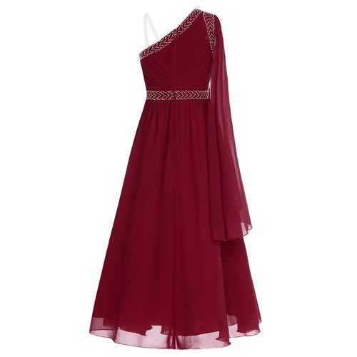 Kids Girls One Shoulder Shiny Ruched Bodice Chiffon Formal Party Dresses - Picture 9 of 46