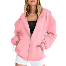 Women Long Sleeve Plain Hoodie Tops Ladies Casual Baggy Zip Up Hooded Sweatshirt