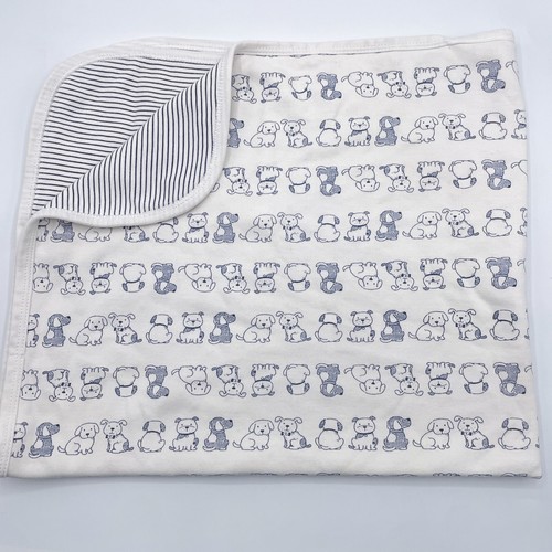 Little Me Puppy Stripes Baby Blanket Blue White Cotton Swaddle Reversible 25x30