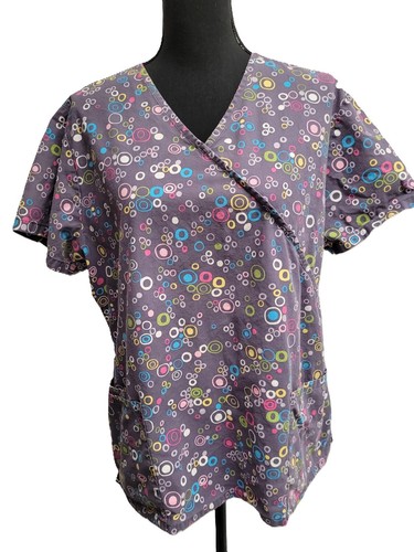 SB Scrub Top (L) Multicolor Circles Short Sleeve V-Neck Waist-Elastic