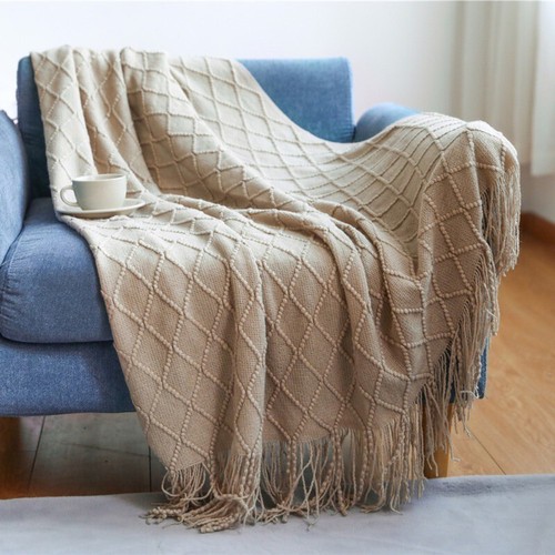 Knitted Blanket Comfortable Throw Blanket With Tassel Home/Office Blanket Soft - Picture 14 of 17