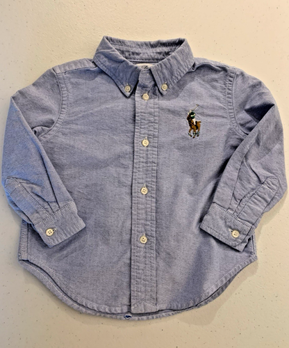 Ralph Lauren 18M Toddler Boys Button Up Oxford Shirt Big Pony Light Blue Preppy