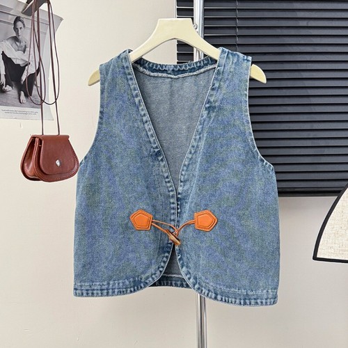 Ladies Sleeveless Denim Waistcoat Vest Japanese Gilet Coat Jacket Crop Cardigan - Bild 3 von 15